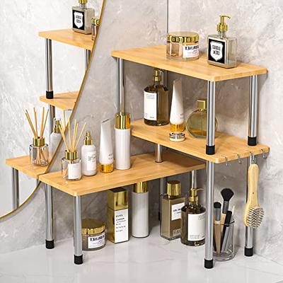Ollieroo 3 Tier Kithen Countertop Organizer,Bamboo Corner Shelf,Bathroom  Storage Display Counter Shelves for Make Up,Dresser Table with Hooks,Black  