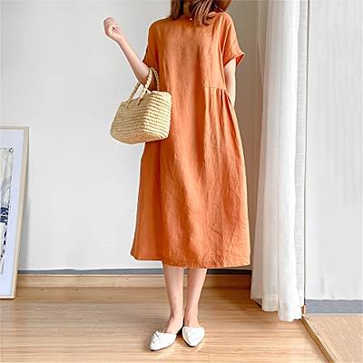 Women's Cotton Linen Dress Mid Sleeve Midi Casual Plus Size Tunic Dress  Solid Linen Loose Casual Crewneck Long Dress, Blue, Large : :  Clothing, Shoes & Accessories