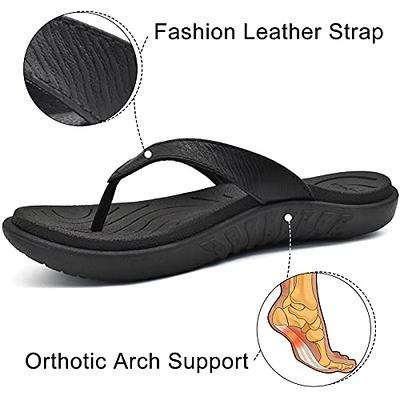  Womens Orthotic Flip Flops Ladies Slip On Yoga Mat Cushion  Leather Thong Flat Sandals Summer Beach Pool FlipFlops Sandles Comfortable  Plantar Fasciitis Arch Support Fantastic Black Size 7