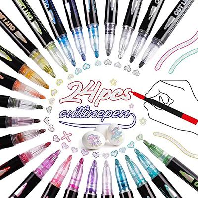 30 Colors Outline Marker Pen, 30 Pcs Double Line Metallic Marker Pens Set  Paint Markers Pens Gift Card Writing Drawing Pens for Card Writing,Birthday
