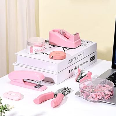 MultiBey Pink Marble Sticky Note Holder Stapler and Tape Dispenser Set with  1000 Rose Gold Staples & Tape, Non-Slip Rubber Base Desk Stapler Tape