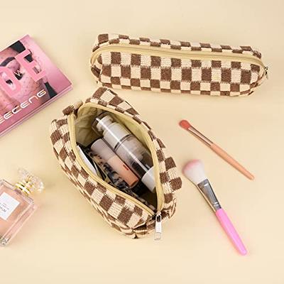 SOIDRAM 2 Pieces Makeup Bag Large Checkered Cosmetic Bag Brown Capacity  Canvas Travel Toiletry Bag Organizer Cute Makeup Brushes Aesthetic  Accessories