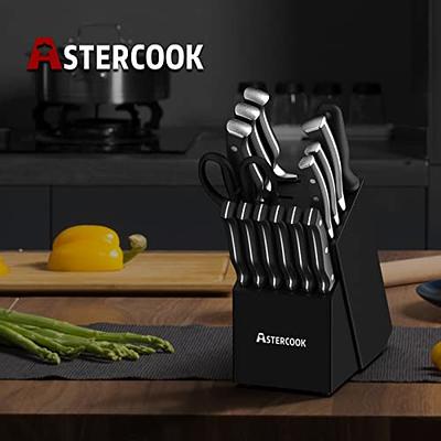 Astercook Knife Set, Kitchen Knife Set with Built-in Sharpener Block,  Dishwasher Safe, 15 Pieces German Stainless Steel Knife Block Set, Black