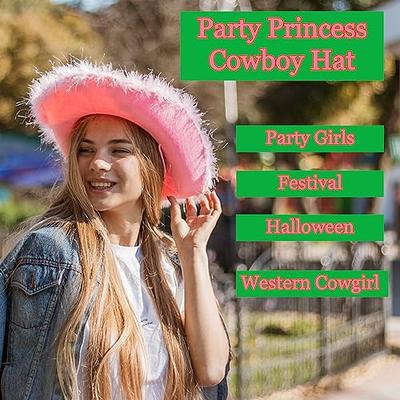 SSPalu Cowboy Hat Fluffy Feather Trim Cowgirl Hat Adult Western Felt Cow Girl Hat Fancy Dress Party Halloween Cosplay Costume