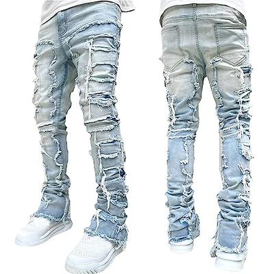 Men's Ripped Jeans Slim Fit Casual Distressed Denim Pants Patches  Distressed Tapered Leg Pants (X-Large,Black)