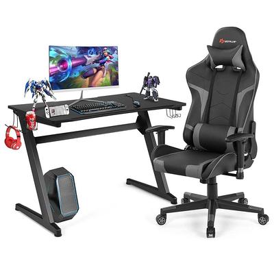 Black Gaming Desk with Cup Holder/Headphone Hook/2 Wire Management Holes &  Black Reclining Back/