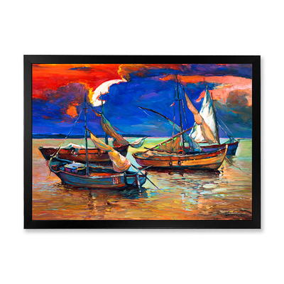 Designart 'Fishing Boats On The Water With Dark Blue Sky II' Lake