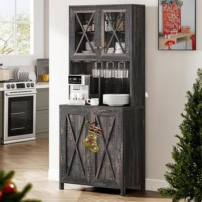 YITAHOME Farmhouse Bar Cabinet for Liquor and Glasses, Dining Room Kitchen Cabinet with Wine Rack, Upper Glass Cabinet, Open Storage Shelves for