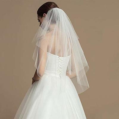 Yalice Pearl Wedding Veil Long Cathedral Bridal Veils for Brides 1 Tier/2  Tier Short Pearl Veils with Comb Fingertip Length (White-2 Tier Shoulder