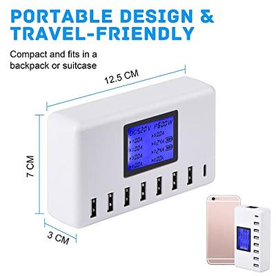 USB Charging Station, 8-Ports 60W/12A Multi Port USB C Hub Charger with LCD  Display for Cellphone & Tablet Multiple Devices