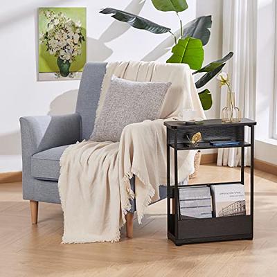 Yusong Small Narrow Side Table for Small Spaces, Slim End Table Magazine Table Nightstand with Storage Holder, Accent Skinny Snack Couch Bedside