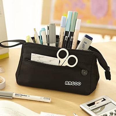 ANGOOBABY Large Pencil Case Big Capacity 3 Compartments Canvas Pencil Pouch  for Teen Boys Girls School Students (Black)