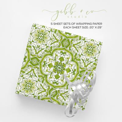 Green Tile Wrapping Paper, Watercolor, Illustrated Wedding Shower