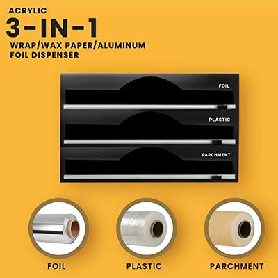 3 in 1 Wrap Dispenser, Acrylic Foil Dispenser with Slide Cutter Plastic Wrap,  Aluminum Foil and Wax Paper Organizer Holder