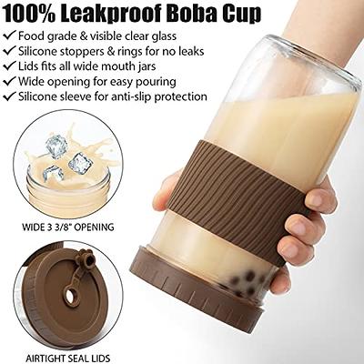 Reusable Boba Cup Bubble Tea Cup , 18oz Wide Mason Jar with Bamboo Lid and Straw Glass Smoothie Cups Travel Tumbler for Iced Coffee Large Pearl Juices
