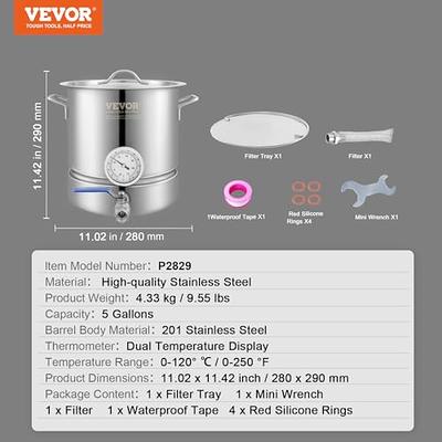 VEVOR Stainless Steel Kettle 5 Gallon Pot Tri Ply Bottom for Brew Kettle Pot for Home Supplies Includes Lid Handle Thermometer Ball Valve Spigot