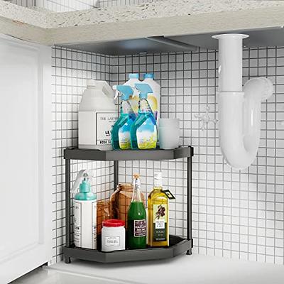 mDesign Steel/Plastic 2-Tier Bathroom Organizer Corner Shelf - Clear/Matte  Black