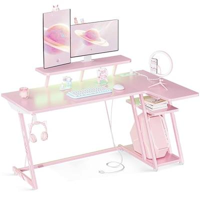 MOTPK Pink Gaming Desk L Shaped with LED Lights, Corner Gaming Computer Desk  55inch with Power Outlets, Gaming Table with PC Storage Shelf, Gamer Desk  with Monitor Shelf, Carbon Fiber Texture 