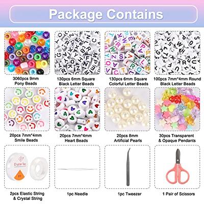 QUEFE 3510pcs 36 Colors, Hair Pony Beads Bulk with Letter Bead, 9mm Rainbow  DIY Kandi Beads Kit for Jewelry Making Bracelets Pearl Transparent and