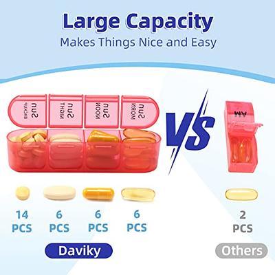 Pill Bottle Organizer, Daviky Supplement Organizer with 7 Large Compartments, Travel Pill Dispenser Round Pill Box with Two Lids(Blue)