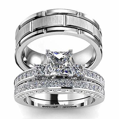 18k White Gold Plated Wedding Ring Sets for Him and Her Women Men Titanium  Stainless Steel Bands 2Ct Cz Couple Rings Size 11&7 - Yahoo Shopping