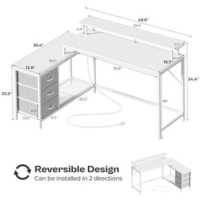 Huuger L Shaped Computer Desk with Power Outlets & LED Lights, Reversible Computer Desk with File Cabinet & Storage Shelves, Corner Desk Home Office