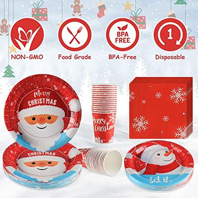 Christmas Paper Plates and Napkins Set - Disposable Dinnerware Table Decorations for Christmas Party, Includes Heavy Duty 9 inch Paper Plates, Cups