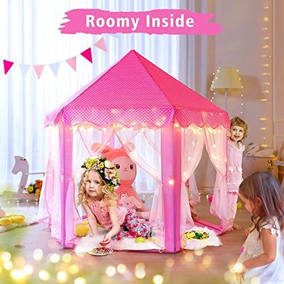 wilwolfer Princess Castle Play Tent for Girls Large Kids Play Tents Hexagon  Playhouse with Star Lights Toys for Children Indoor Games (Pink)
