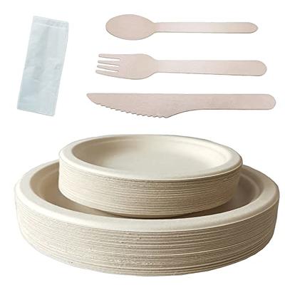 BIRCHIO 300 Piece (50 Sets) Biodegradable Paper Plates Set (EXTRA LONG  UTENSILS), Disposable Dinnerware Set, Eco Friendly Compostable Plates &  Utensil