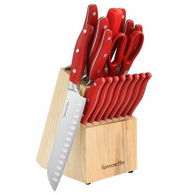 Oster Steffen 14 Piece Stainless Steel Cutlery Set in Red with Hardwood  Storage Block