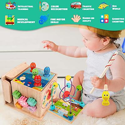 Wooden Activity Cube for Toddlers 1-3, 5 in 1 Ocean Animal Shape Sorter  Bead