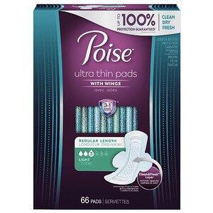Depend Poise Ultra Thin Incontinence Pads for Women with Wings Postpartum  Pads for Bladder Leaks, Light Absorbency, 66 ct