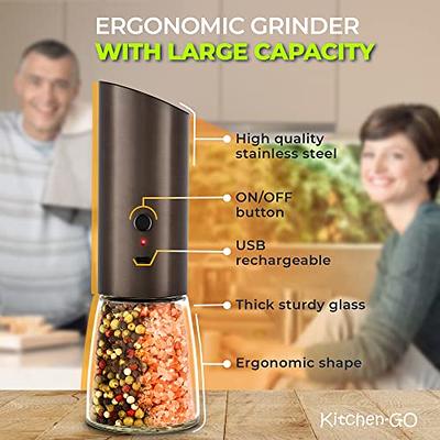 Gravity Electric Salt and Pepper Grinder Set of 2,USB Rechargeable Kitchen  Electric Pepper Mill with Adjustable Grinder and LED Light,Tall Glass Salt
