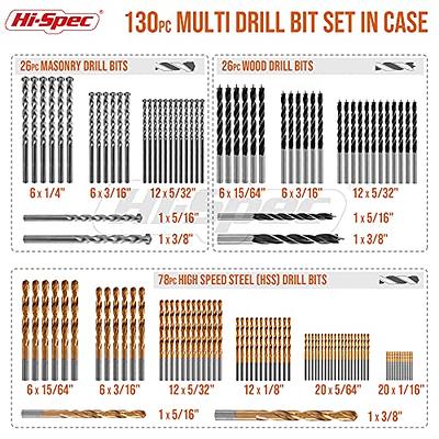 Hi-Spec 130pc Multi SAE Drill Bit Set. 11 Sizes 1/16in to 3/8in. Metal, Wood