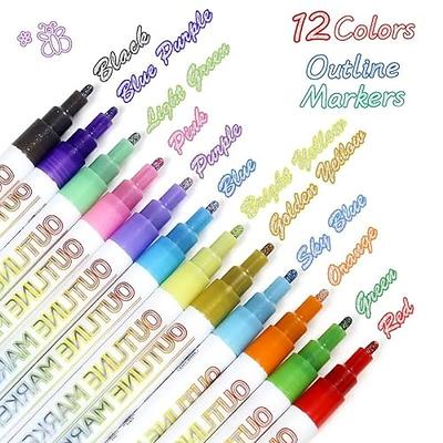 12pcs/set Outline Metallic Markers, Double Line Magic Shimmer Paint Pens  For Kids Adults DRAWING Art Signature Coloring Journal
