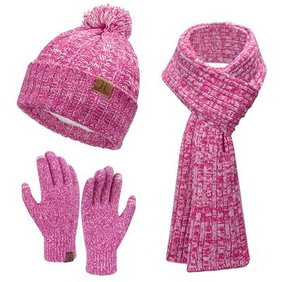 CheChury Women Winter Hat Scarf and Gloves Set Soft Warm Thick Knitted Pom Cap Touch Screen Gloves Loop Scarf 3/4 Pcs Set