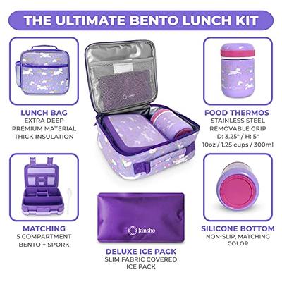 Bento Box with Thermos, Insulated Lunch Bag, & Ice Pack Set for Kids or Toddlers. Stainless Steel Food Jar, 5 Compartment Lunch-Box for Pre-School