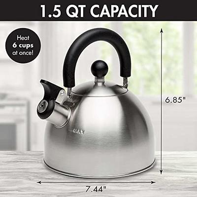 Creative Home 12 Cups Satin Finish Stainless Steel Whistling Tea Kettle Teapot with Ergonomic Simple-Touch to Open Handle