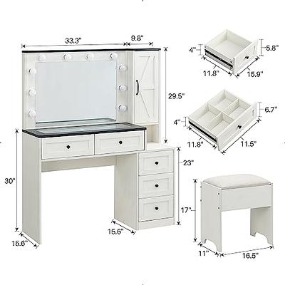  usikey 43.5in Large Vanity Desk with Mirror and 10 LED Lights,  Makeup Vanity Table with Lights and 5 Drawers, White Vanity Table Vanity  Set with Storage Shelves and Stool for Women