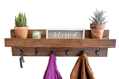 Seafuloy Espresso Entryway Wall Mounted Coat Rack with 4 Dual Hooks Living Room Wooden Storage Shelf, Brown