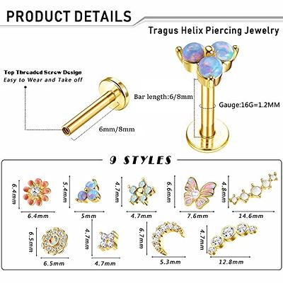  Florideco 9Pcs 16G Cartilage Stud Earring for Women 316L  Stainless Steel Screw Flat Back Earrings Butterfly Moon Flower Crawler Helix  Tragus Daith Piercing Earrings Cute CZ Opal Cartilage Piercing : Clothing