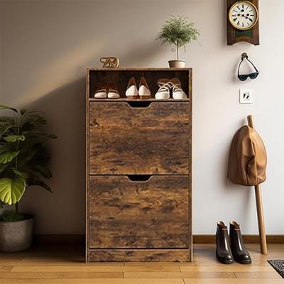 BYBLIGHT 31.5 in. W Brown Oak 24-Pairs Shoe Storage Cabinet, Free-Standing Tipping Bucket Shoe Cabinet for Entryway