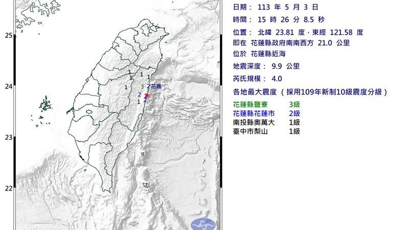 快訊／花蓮又震！15：26規模4.0極淺層地震　最大震度3級