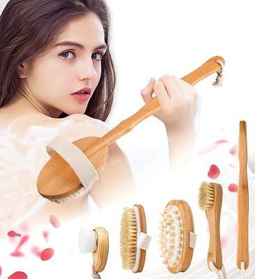 Dry Brushing Body Brush Set of 2, Natural Bristle Dry Skin Exfoliating  Brush, Long Handle Back Scrubber for Shower, Dry Brush for Cellulite and