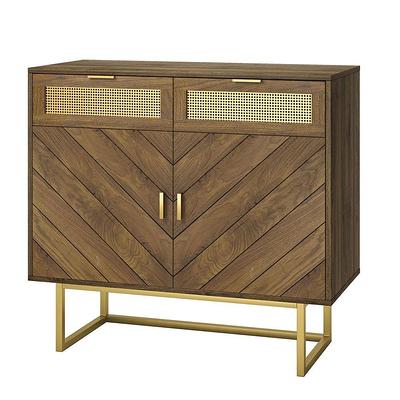 Nathan James Kova Natural Cane Rattan Doors Accent Cabinet with Black Metal Base and Adjustable Shelf