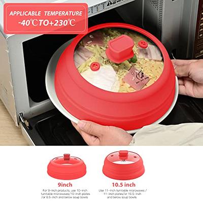 Microwave Glass Cover Splatter Guard Lid with Anti-scald Silicone Handles  and Vented Edge for Food Pot Plate Cover 10.5 inch Red