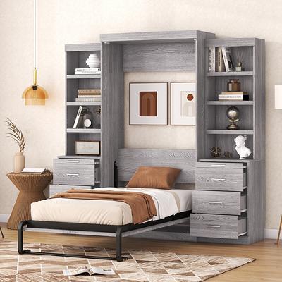 Twin Wood Murphy Bed with Storage Shelves & Drawer, Modern Wall Bed Can Be  Folded into a Cabinet, for Bedroom Living Room, Grey - Yahoo Shopping