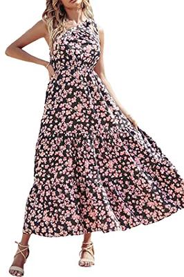 PRETTYGARDEN Women's Floral Maxi Dress 2024 Knot One Shoulder Sleeveless  Ruffle Hem Flowy Boho Dresses