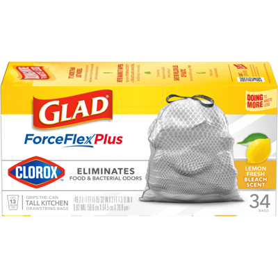 Glad ForceFlex Plus 13-Gallon Lemon Fresh Bleach Scent Drawstring Trash Bags  With Clorox, 34-Count