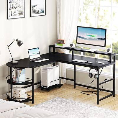 Yitahome  55 Inch L Shaped Corner Computer Desk With Power Outlet And Led  Light And File Cabinet